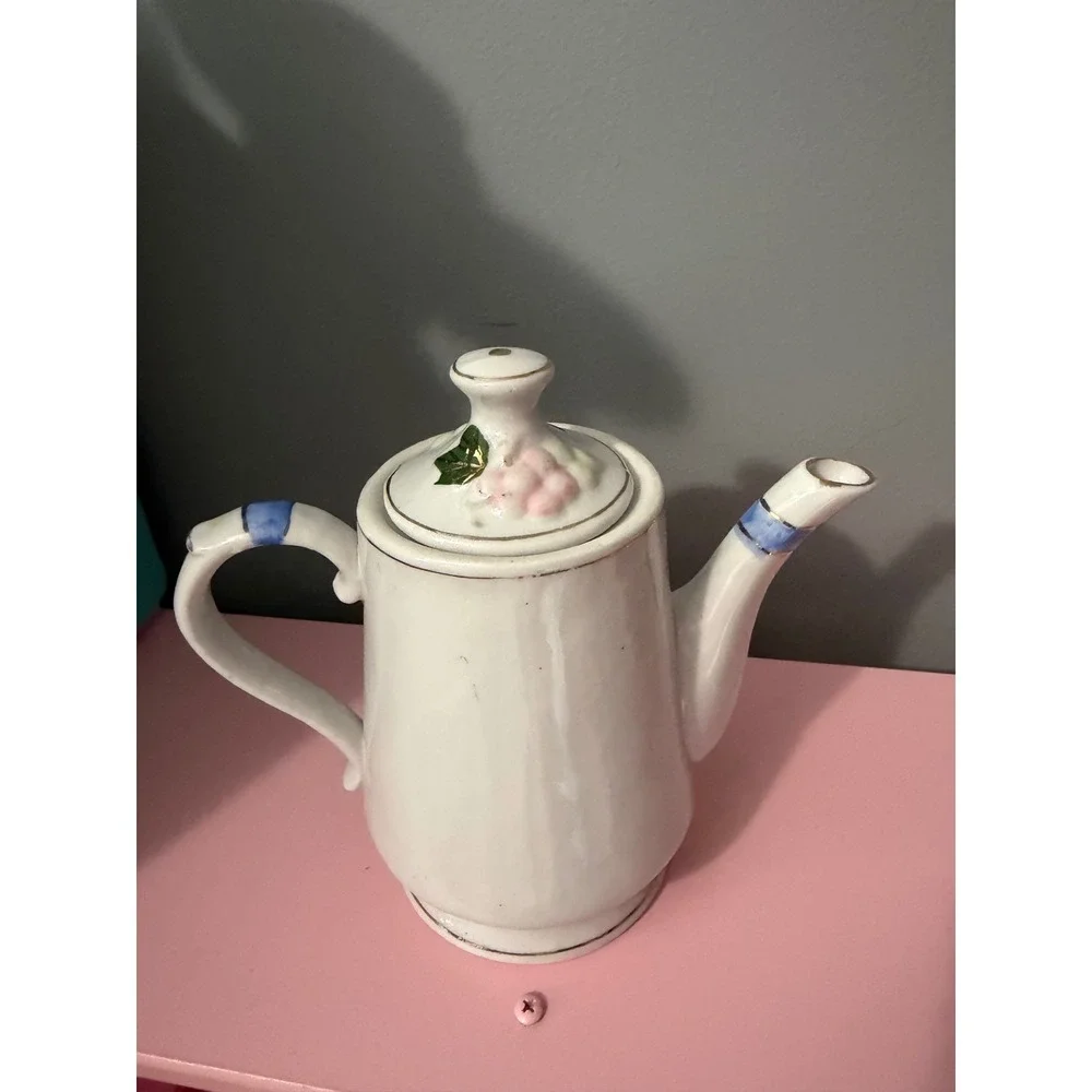 Vintage Ceramic Fruit Relief Teapot White Gold Trim Bananas Grapes Cottagecore